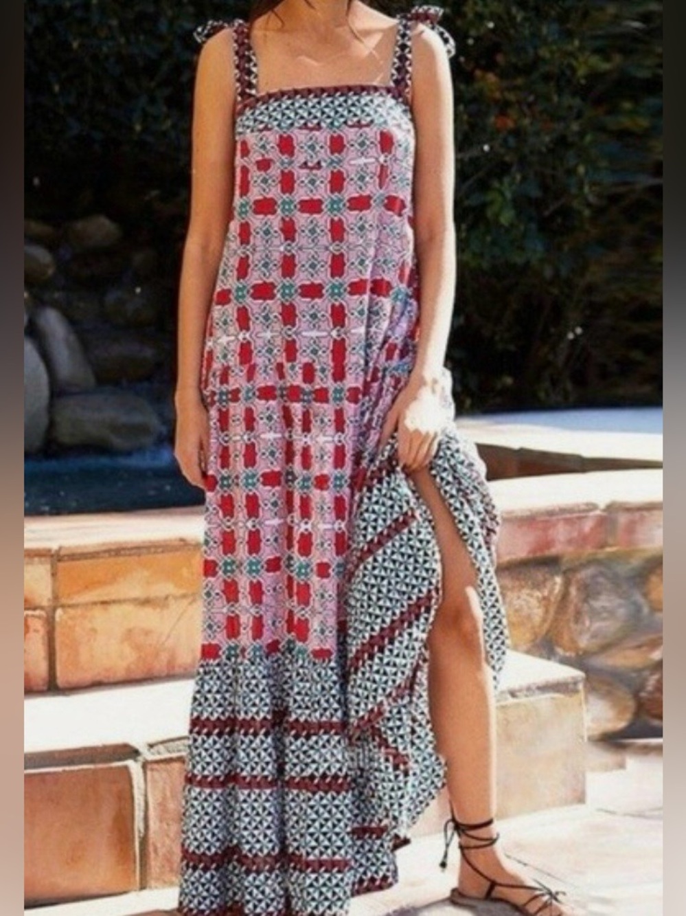 Ro’s Garden Vail Dress Small Cotton Smocked Shoulder Ties Boho Maxi Sundress